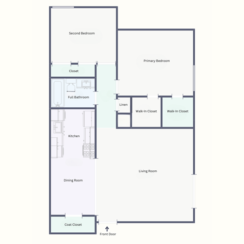 Floor plan for 2 beds, 1 bath, 1000 sqft